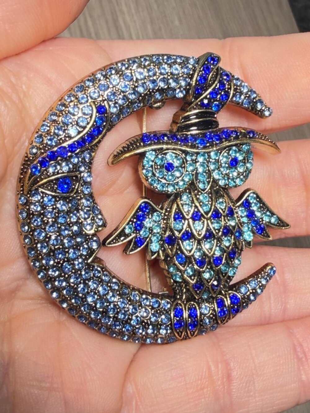 Owl on Crescent Moon Brooch Blue Rhinestones Witch Hat 2 inches - Picture 3 of 5